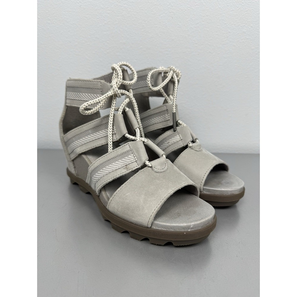 Sorel Joanie Sandal Womens 7.5 Bone White Leather Strappy Wedge Heel Shoe‎ Lace
